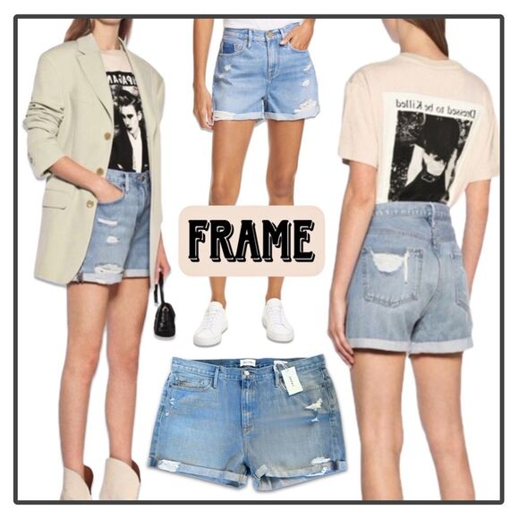 NWT Frame Denim Le Beau Distressed Cuffed Hem Jean Shorts in Elsey Rips - Picture 13 of 16